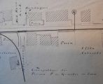 Tekening van ± 1898 met beschrijving van het tracé van de stoomtram van tram maatschappij "De Meijerij" ter hoogte van de kruising Hoofdstraat/Kloosterstraat. Voor meer details klik [/ hier.]